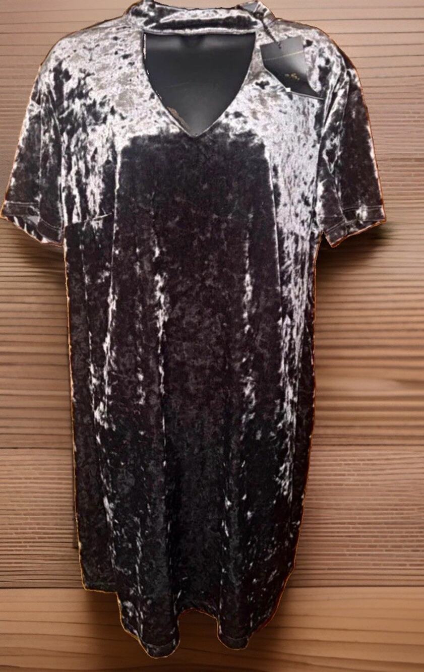 A.B.S. Collection Women’s 14W Charcoal Velvet Shift Dress Keyhole Choker